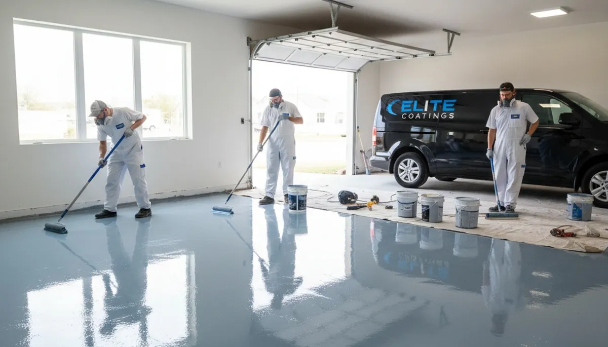 Epoxy floor coating installation in Grand Rapids MI garage for durable, easy-clean residential flooring